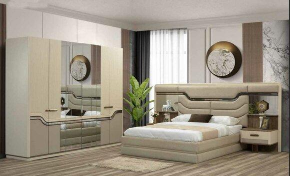 Modern furniture bedroom luxurious set 4pcs beige bedside table wardrobe bed