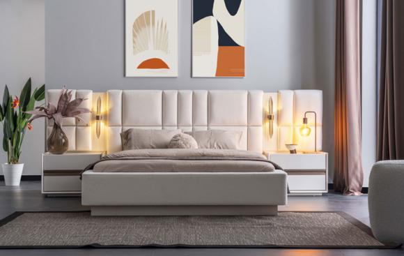 Exclusive bedroom furniture designer textile bed 2x wooden bedside tables