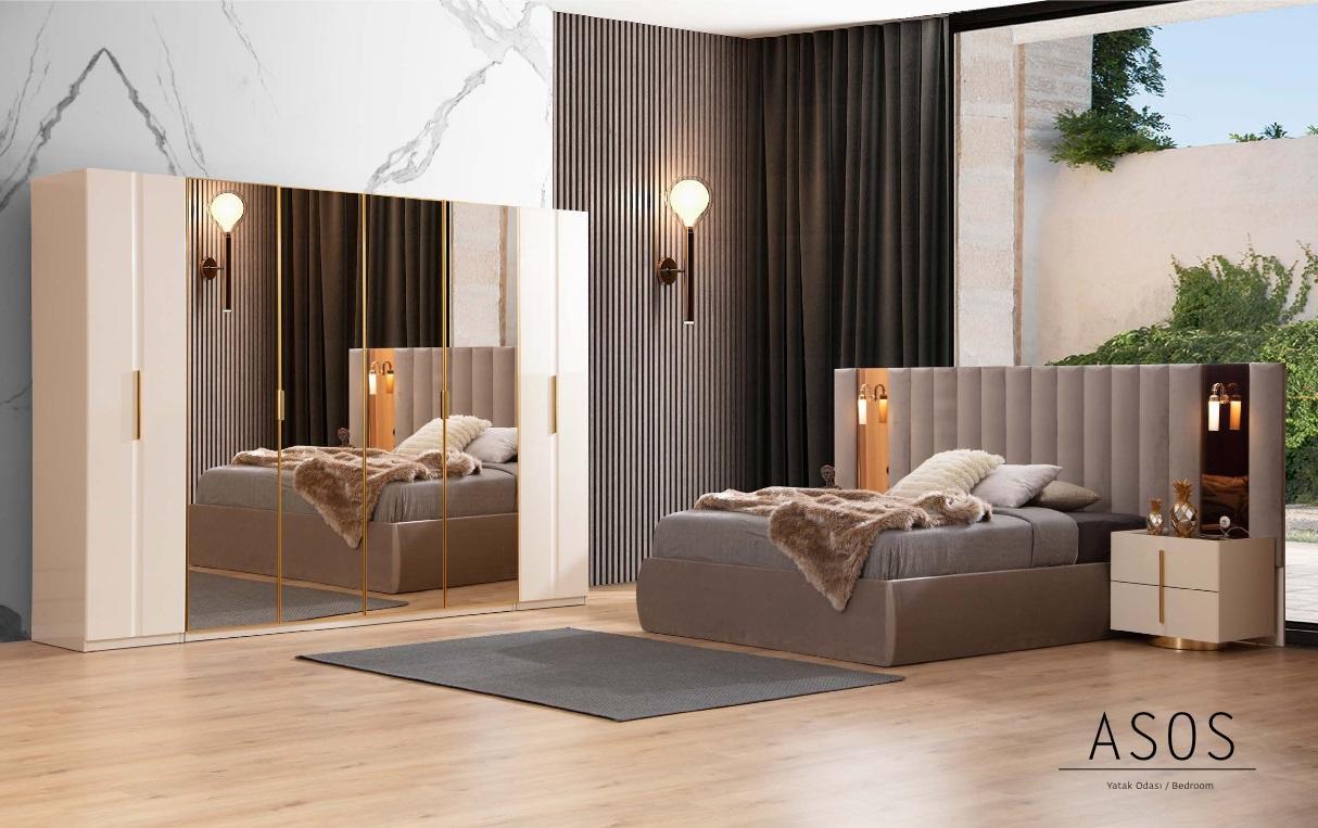 Beige Bedroom Set Designer Bed Wardrobe 2x Bedside Tables