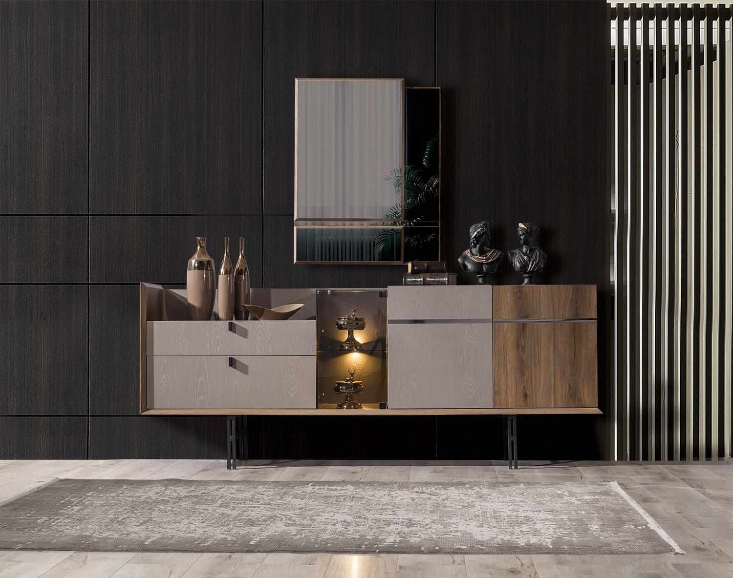 Perfect dining room set Designer LED sideboard Modern glass mirror 2 pcs
