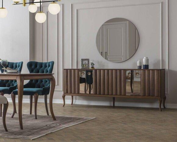Brown 4-door Sideboard Luxury Mirror Dining Room Wood Furniture 2pcs