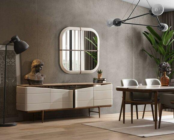 Dining Room Set Beige Sideboard Rectangular Mirror Luxurious Wooden Furniture