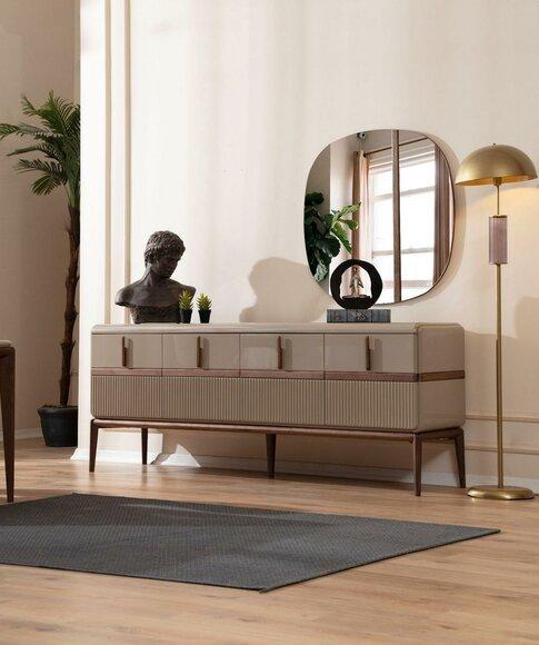 Beige Dining Room Furniture Luxury Wooden Sideboard 4-Door Glass Mirror 2pc Set