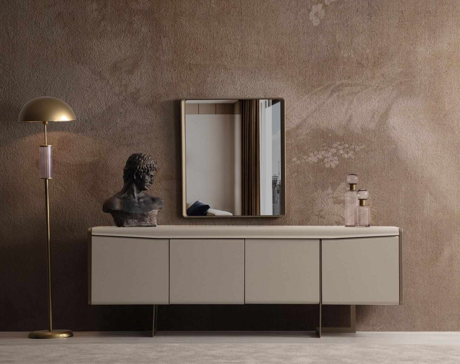 Beige Dining Room Sideboard Rectangular Mirror Stylish Wooden Furniture 2pcs