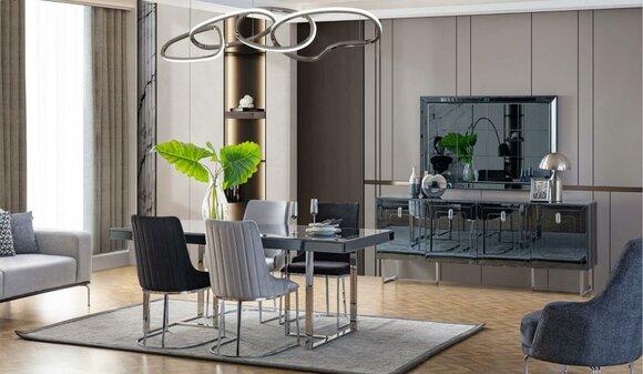 Modern Dining Room Furniture Wooden Dining Table 4x Textile Chairs Sideboard Mirror