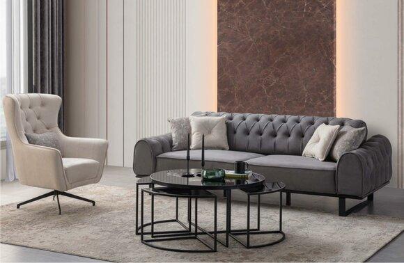 Grey Chesterfield Three Seater Luxurious Upholstery White Armchair 2pc Set