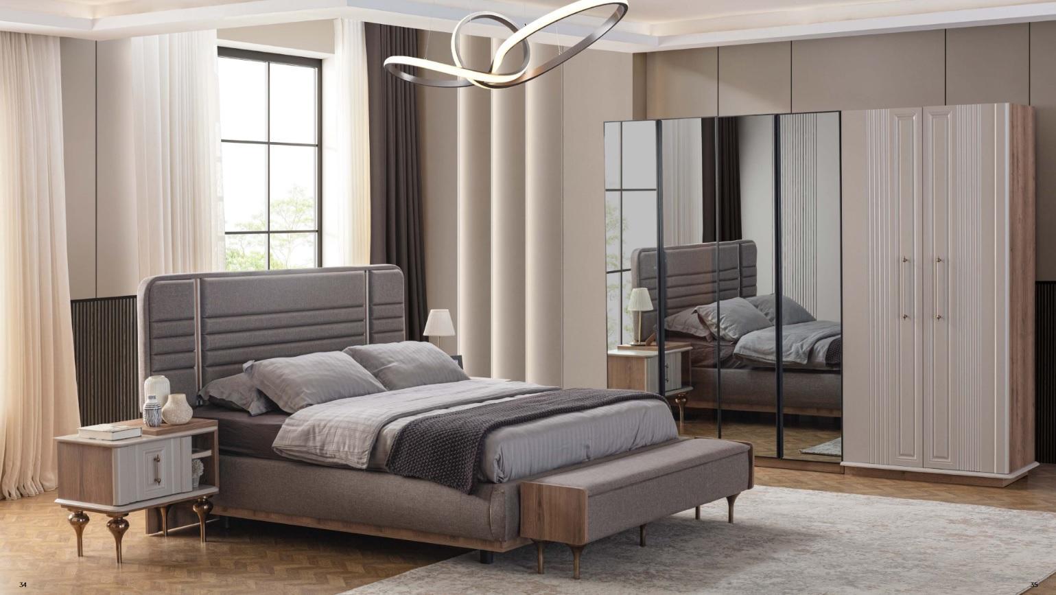 Exclusive Bedroom Bed Glass Wardrobe Wood Bedside Tables 4pc Luxury Set