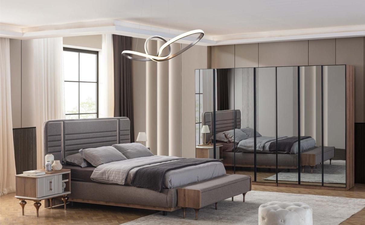 Modern Bedroom Furniture Set Double Bed Bedside Tables Glass Wardrobe