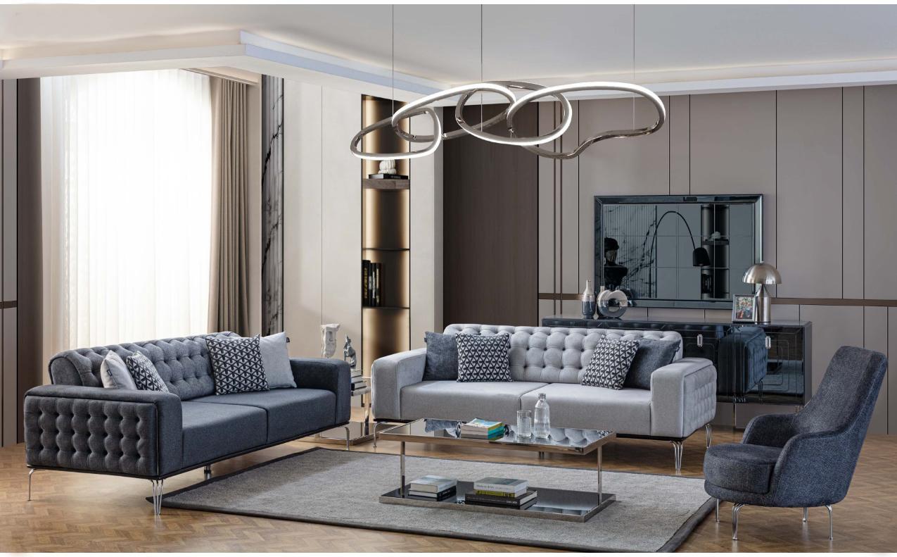 Chesterfield Grey Sofa Set Living Room Couches Three Seater + Armchair