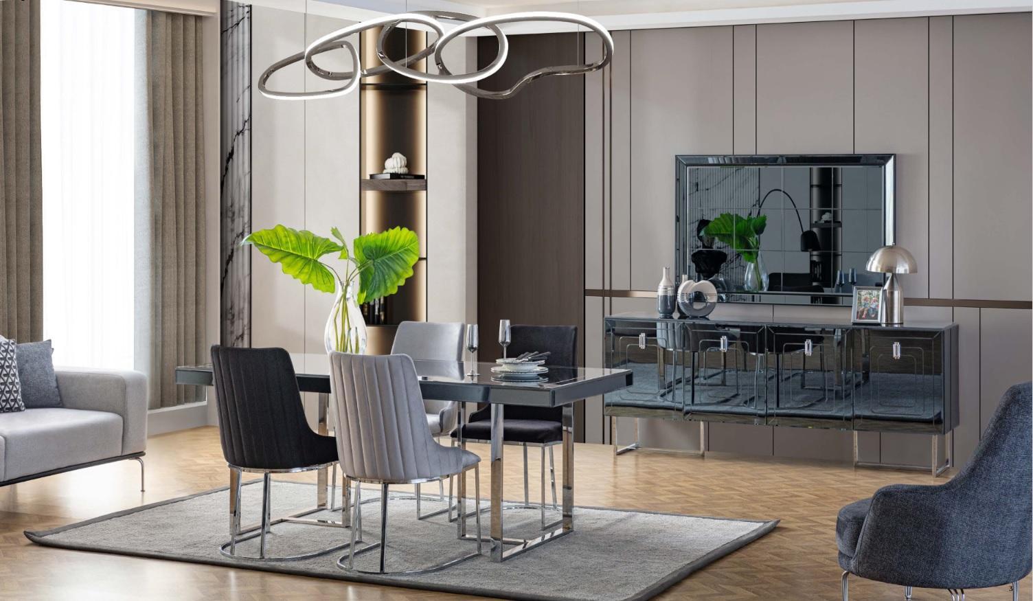 Black-grey Dining Room Furniture Rectangular Dining Table 4x Textile Chairs