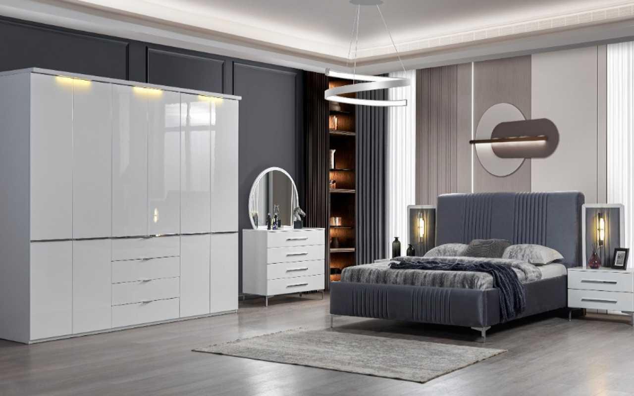 White bedroom furniture Textile bed Large wardrobe Bedside tables
