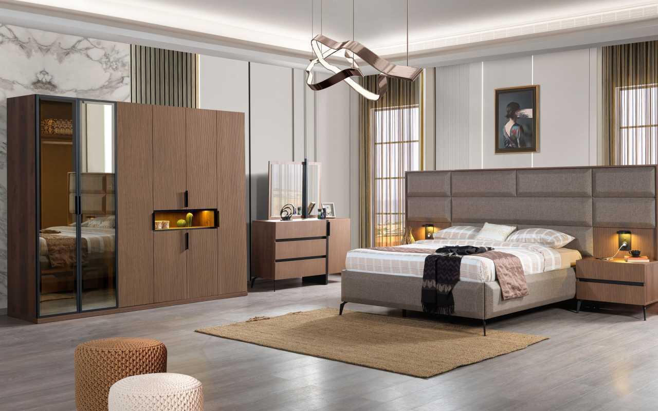 Brown bedroom wood furniture textile bed bedside tables chest of drawers wardrobe