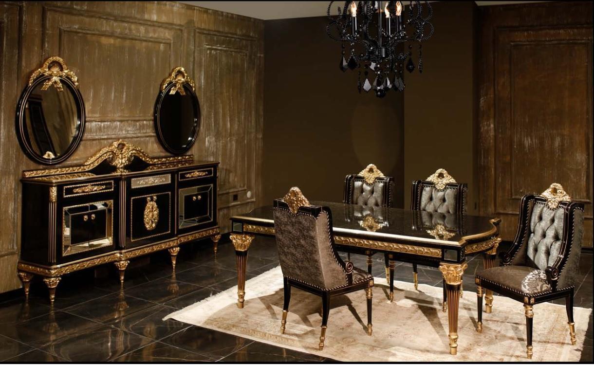 Black classic dining room set dining table 4x chairs display cabinet 7 pcs