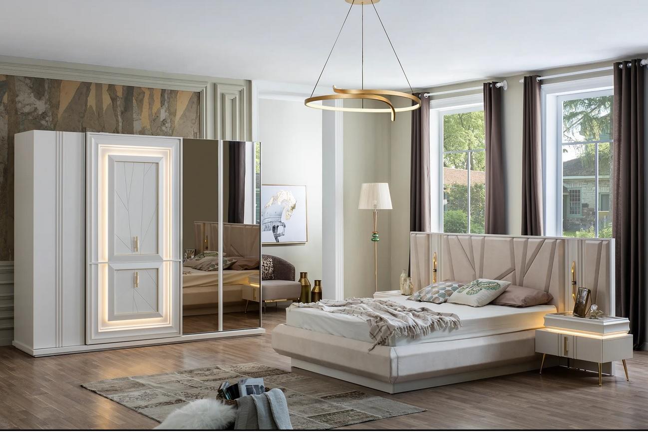 Bedroom set luxury bed 2x bedside table wardrobe 4-piece furniture