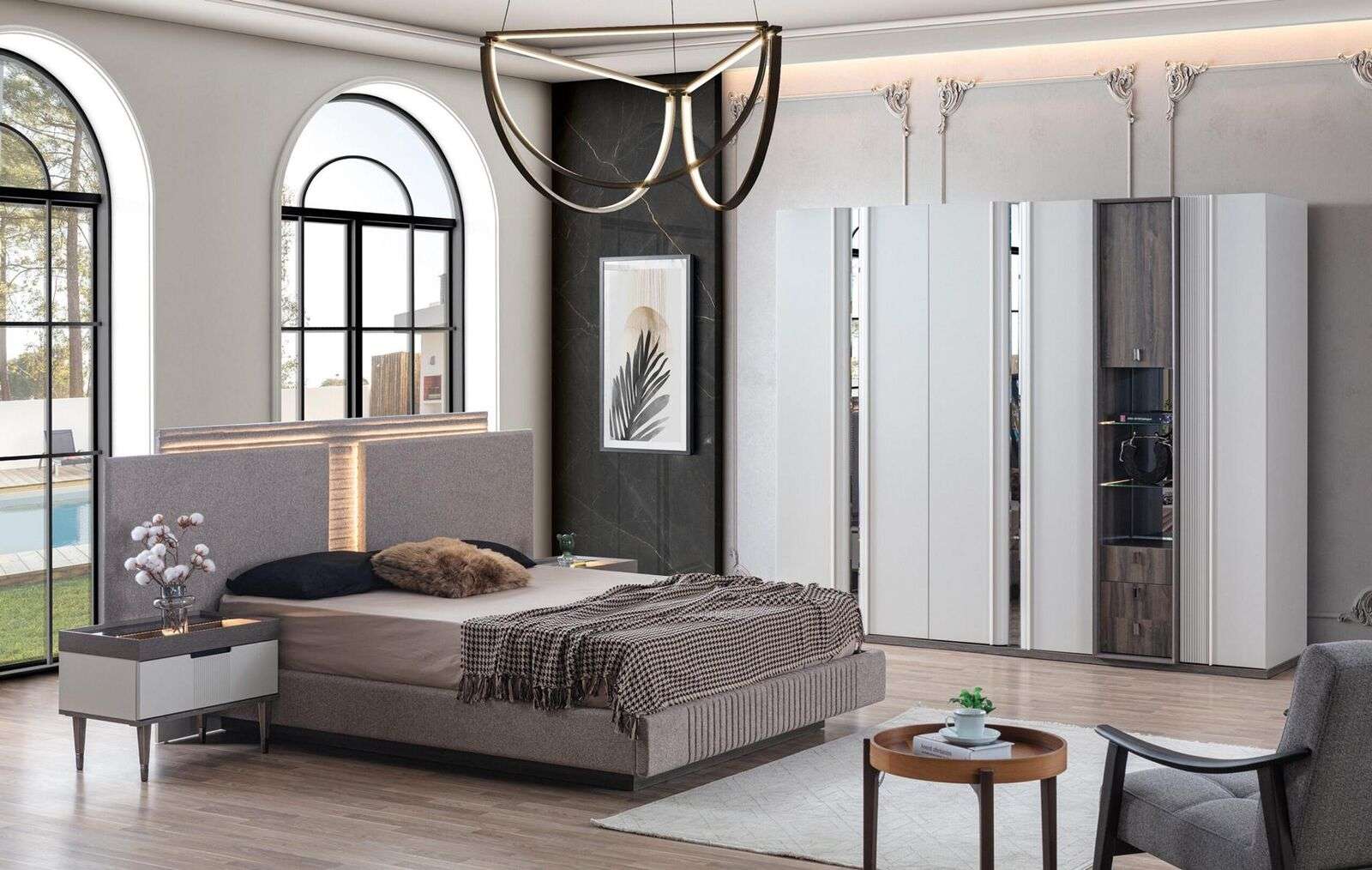 Bedroom set modern bed 2x bedside table and wardrobe 4 pcs new
