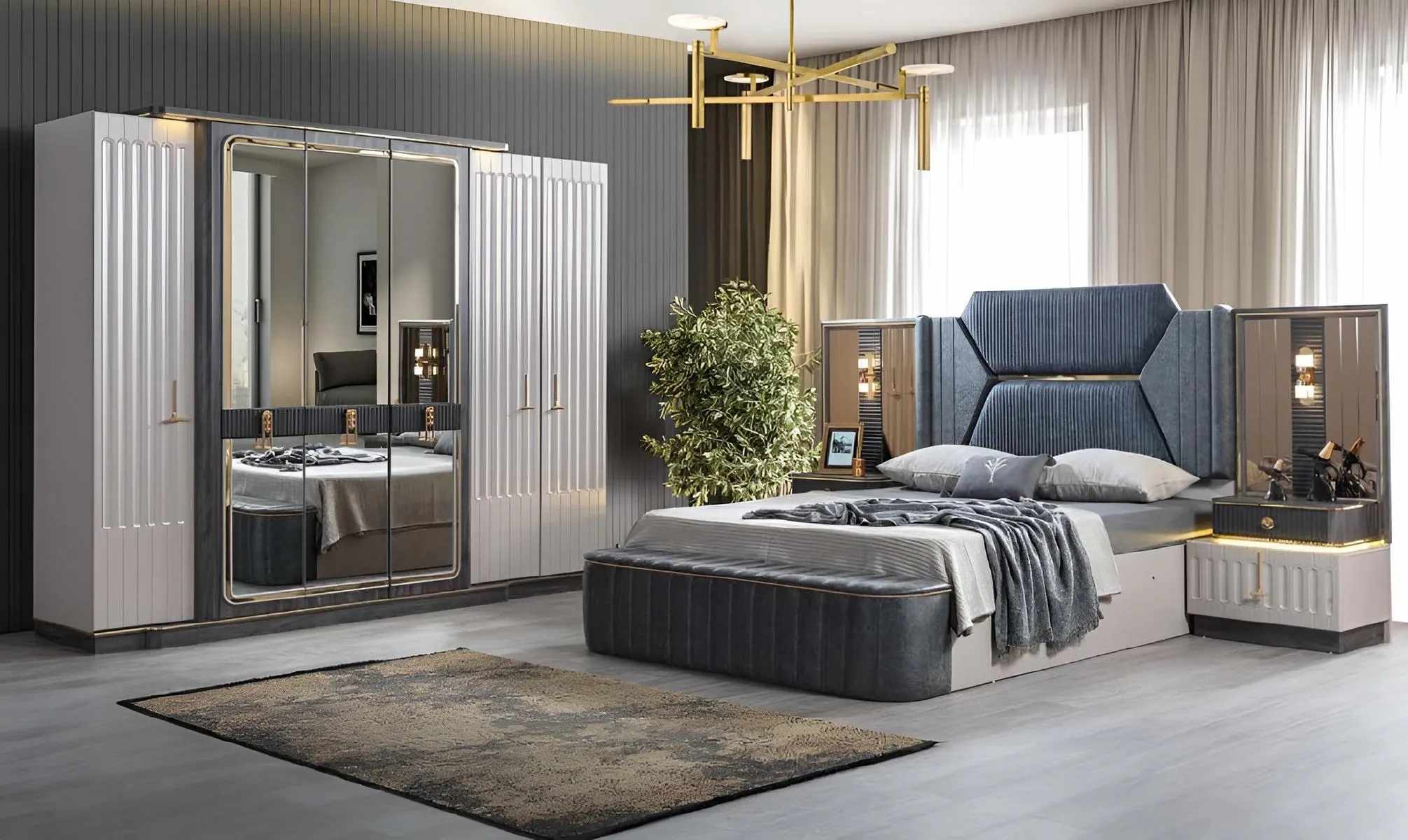 Bedroom set bed 2x bedside tables closet 4-piece design wardrobe