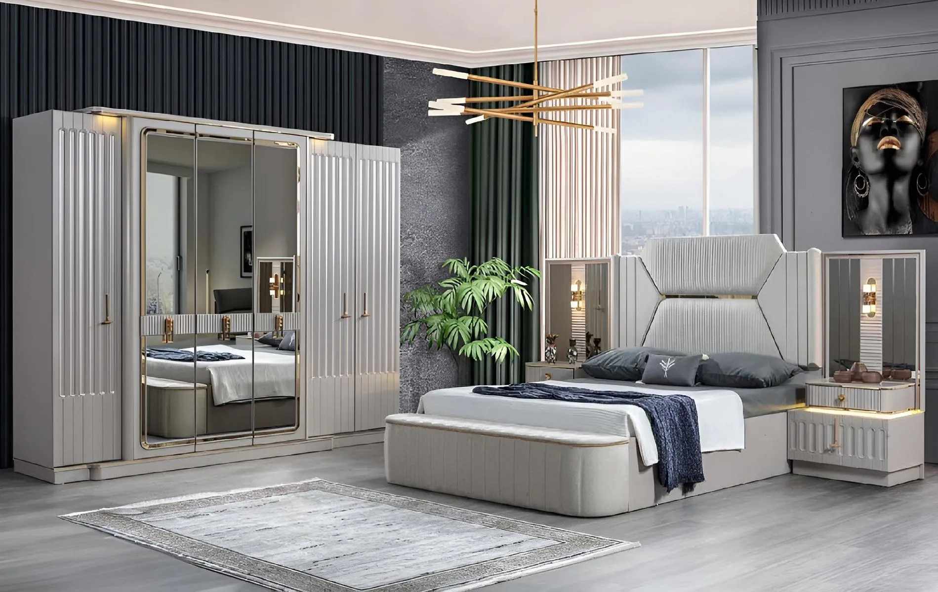 Designer furniture 4-piece bedroom set bed 2x bedside table closet