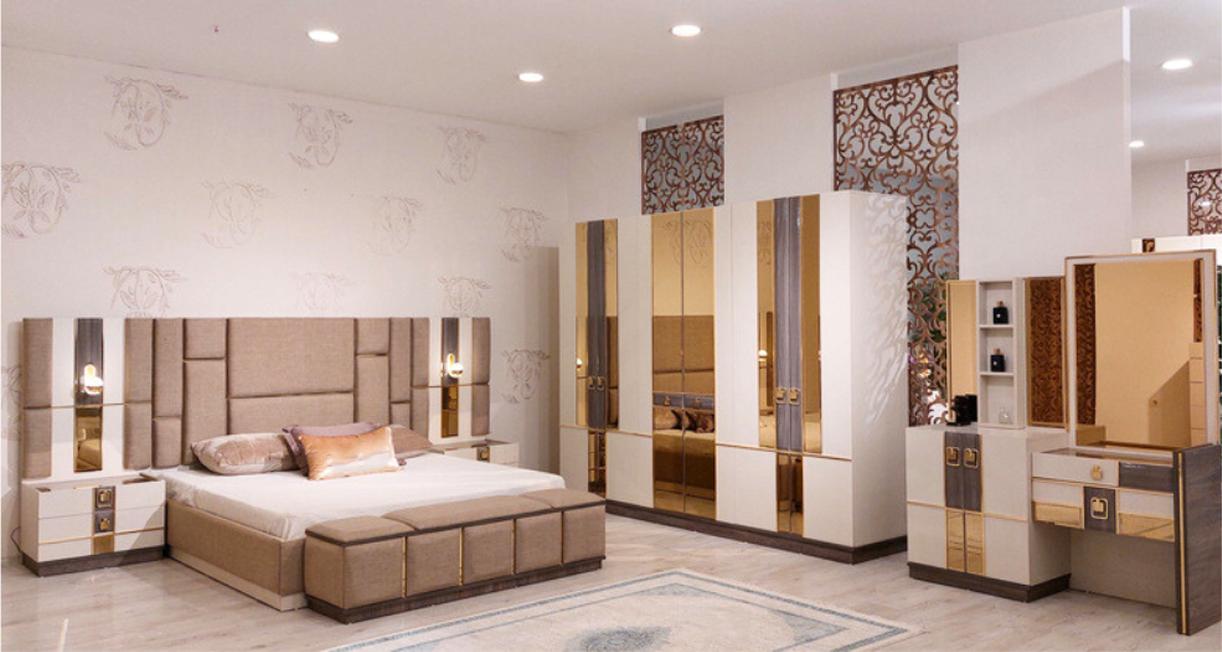 Designer bedroom set luxury double bed 2x bedside tables new wardrobe