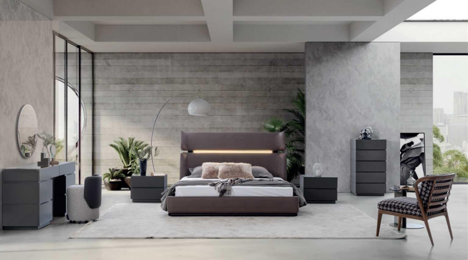 Modern bedroom set 6-piece bed 2x bedside tables chest of drawers with mirror
