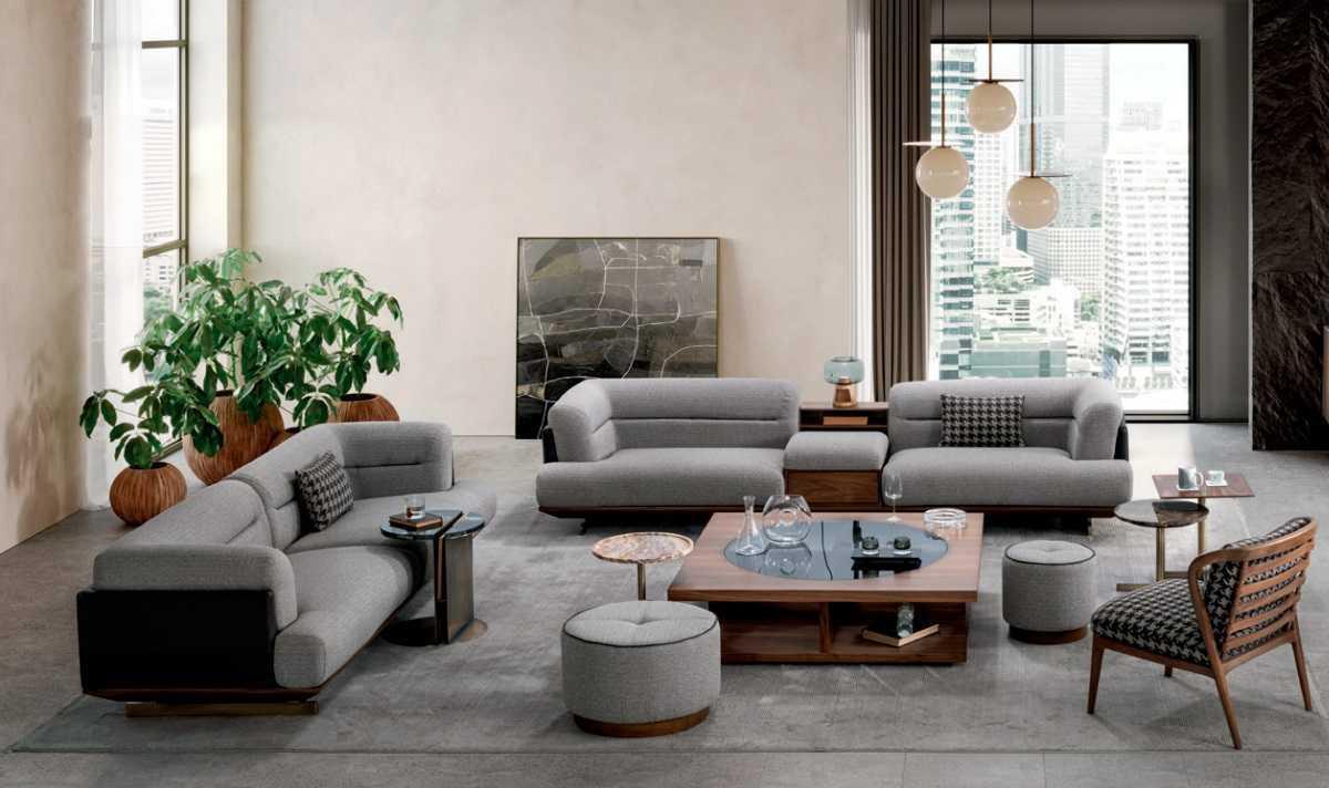 Luxury living room set grey sofa with armchair 2x stool modern design