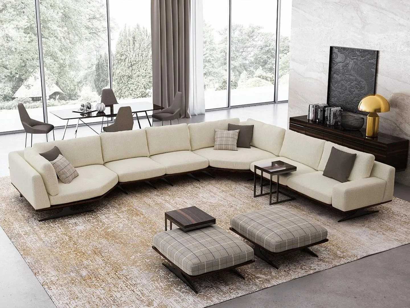 Living room set 5-piece corner sofa L shape 2x stool set 2x side table