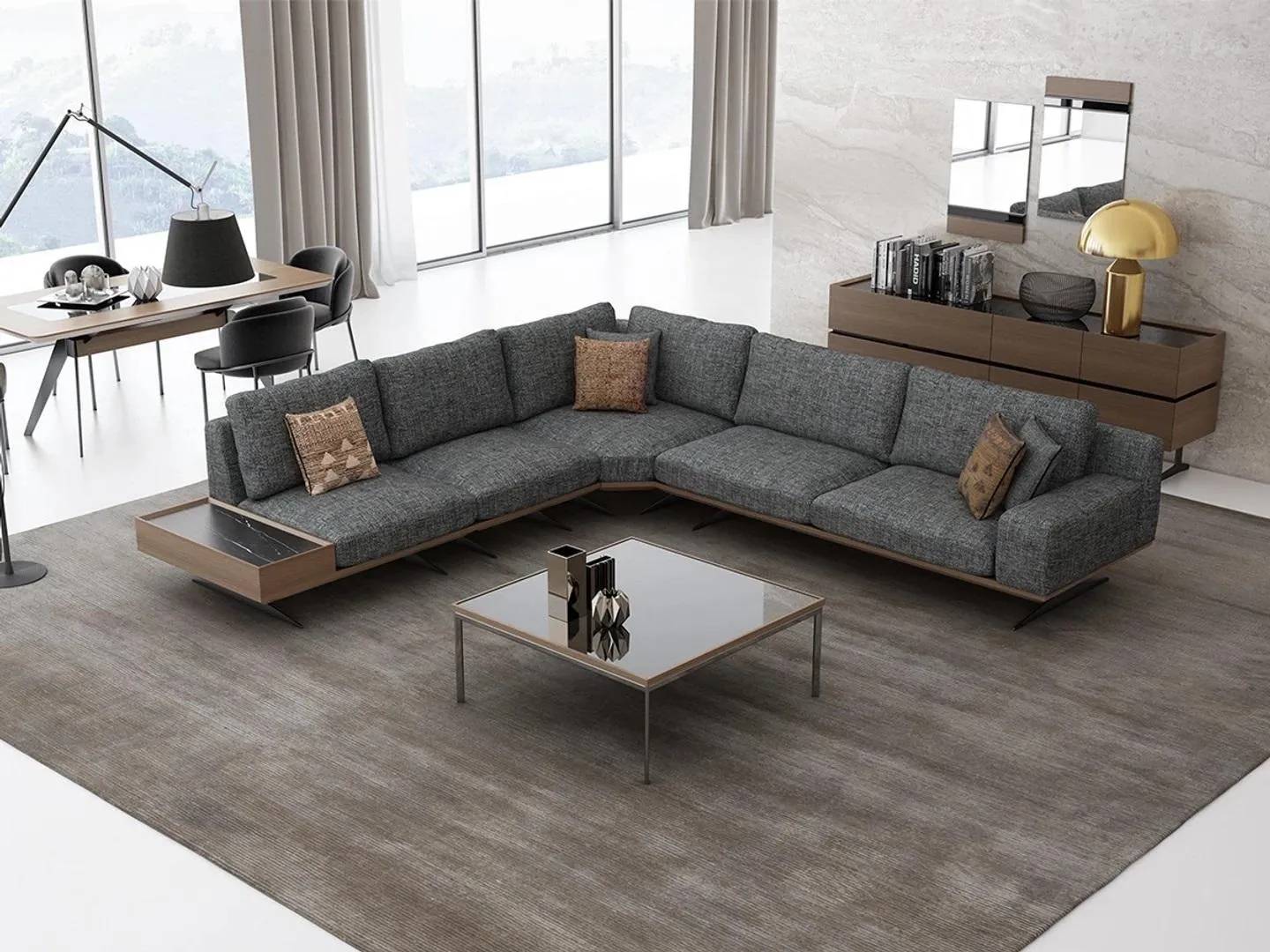 Gray sofa L shape living room set 2pcs coffee table corner sofa