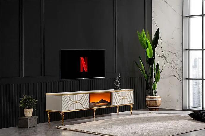 Luxurious TV sideboard white gold-coloured frame made of MDF metal white