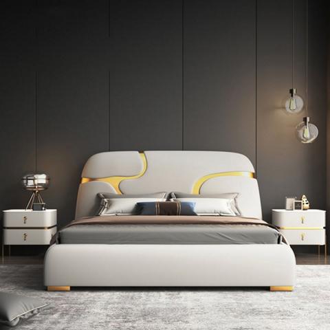 Designer Bed Gray Gold Modern Upholstered Bed Luxury Sleeping Elegant Style Look