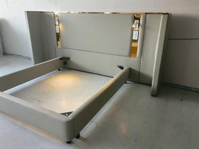 Luxury Designer Bed Beige LED Lighting Upholstered Gold Frame Modern Headboard