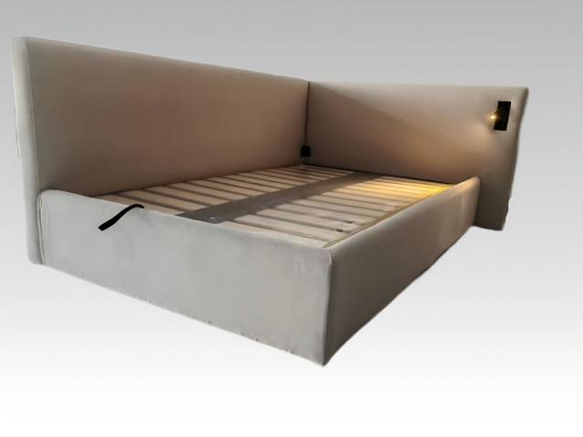 Beige Upholstered Bed Modern Hotel Style LED Lighting Corner Headboard Luxury Look