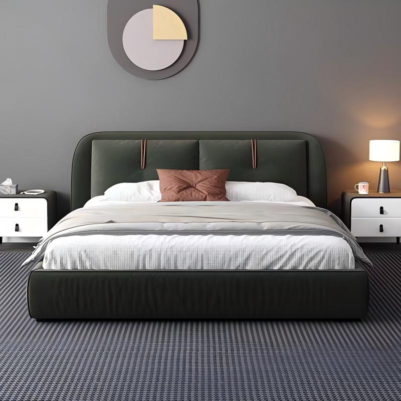 Designer Leather Bed Dark Green Modern Luxury Double Bed Upholstered Bed