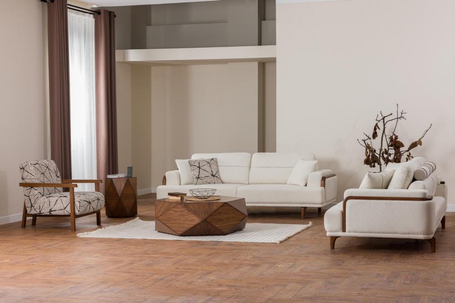 Sofa Set 3+3+1 Seater Modern Beige Wooden Details Living Room Design