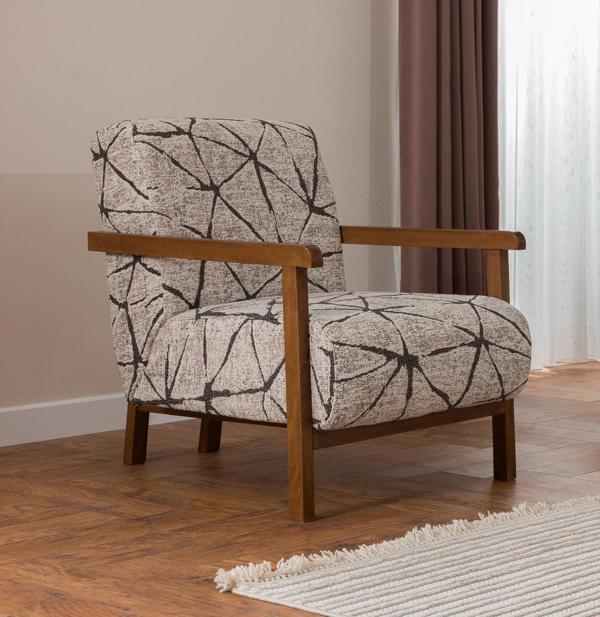 Lounge Chair Wooden Frame Modern Beige Black Pattern Armrest Retro Design
