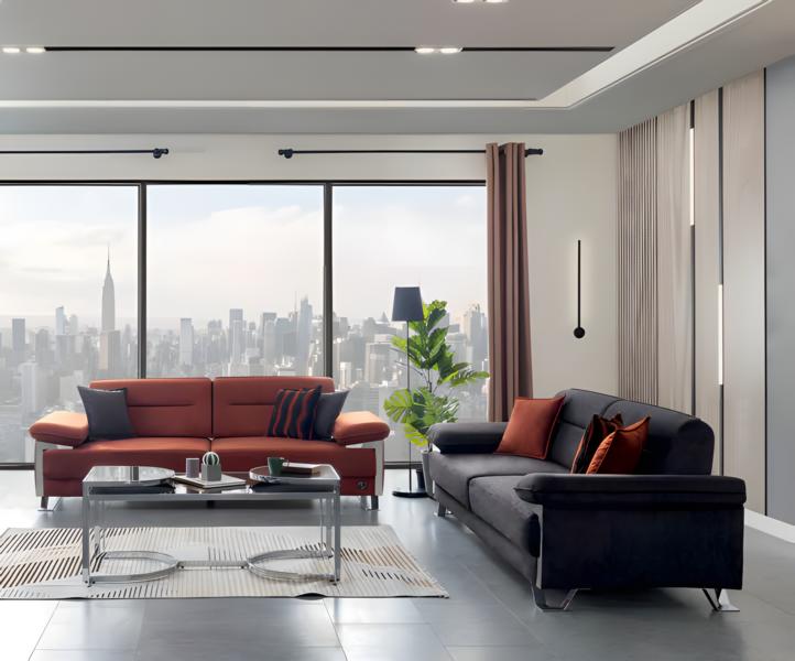 Exclusive Sofa Set 3+3 Seater Fabric Anthracite Terracotta Chrome Legs Modern