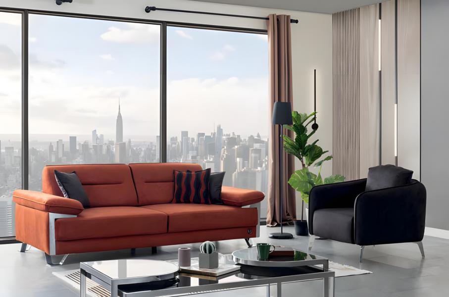 Sofa Set 3+1 Seater Terracotta Anthracite Fabric Chrome Legs Modern Design