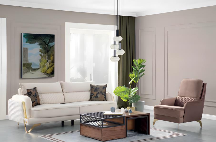 Sofa Set 3+1 Seater Cream Brown Fabric Gold Legs Elegant Modern Living Room