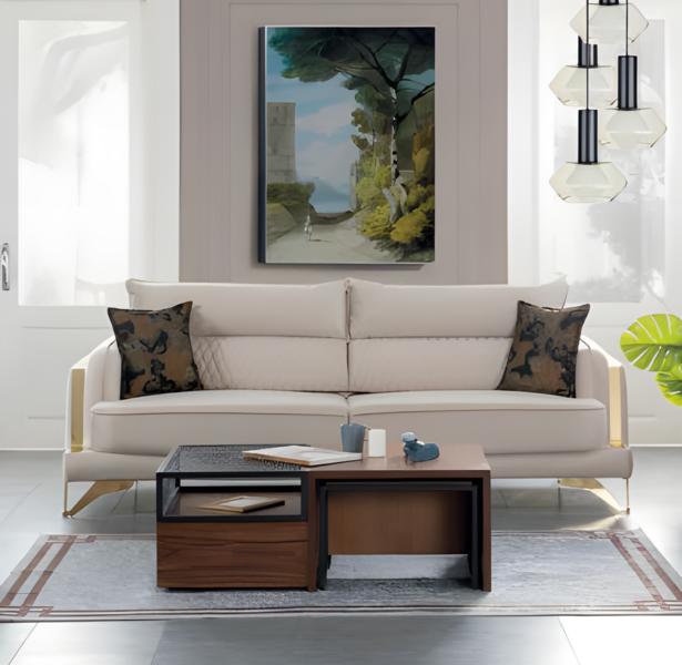 Sofa 3-Seater Cream Fabric Cover Gold Legs Elegant Modern Design Living Room Style