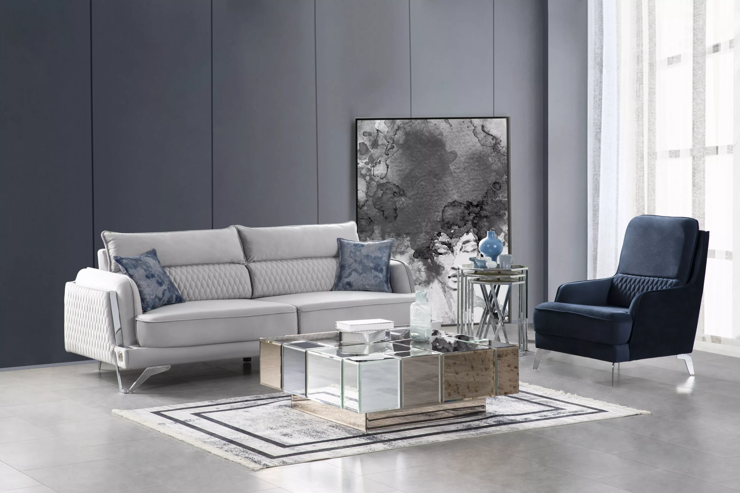 Sofa Set 3+1 Seater Light Grey Blue Fabric Cover Chrome Legs Modern Living Style