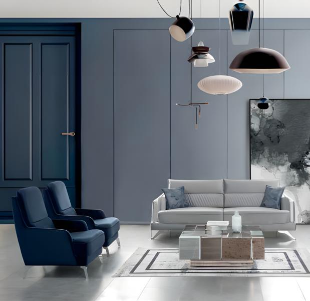 Sofa Set 3+1+1 Seater Light Grey Blue Fabric Chrome Legs Modern Elegant Design