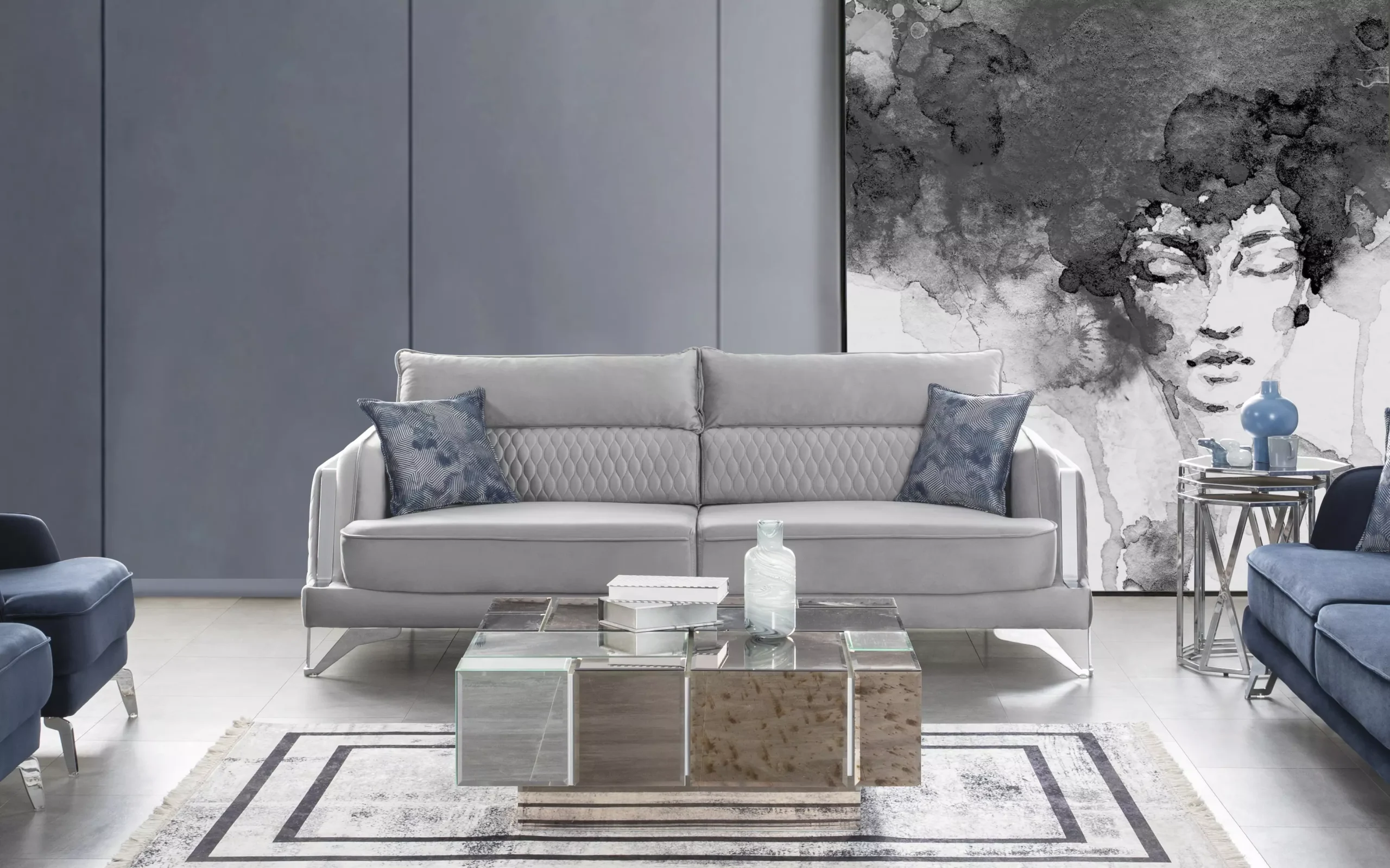 3-Seater Sofa Dark Blue Fabric Cover Chrome Legs Modern Upholstery Luxury Design