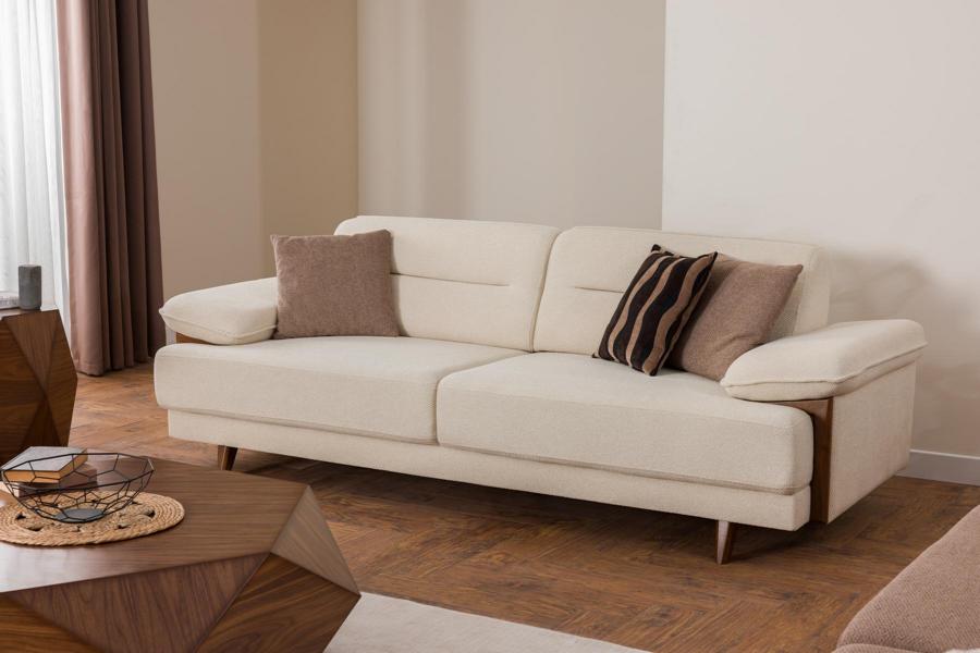 Sofa 3-Seater Beige Fabric Wooden Details Scandinavian Style Modern Comfort Living Room
