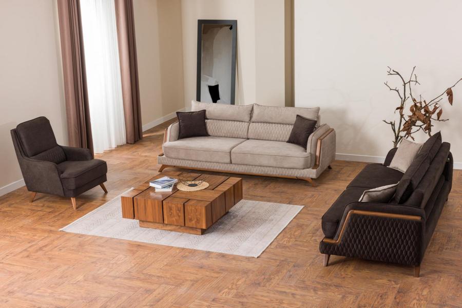 Sofa Set 3+3+1 Seater Beige Brown Fabric Wooden Legs Scandinavian Modern Living Room