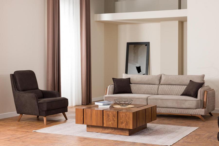 Living Room Sofa Armchair Set Modern Design Beige Brown Wooden Legs Upholstery 3+1