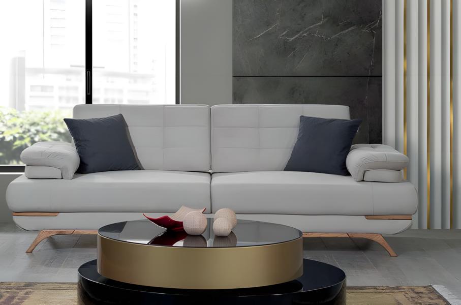 Elegant Sofa Design White Grey Upholstery Couch Living Room Wooden Legs Modern 3-Seater