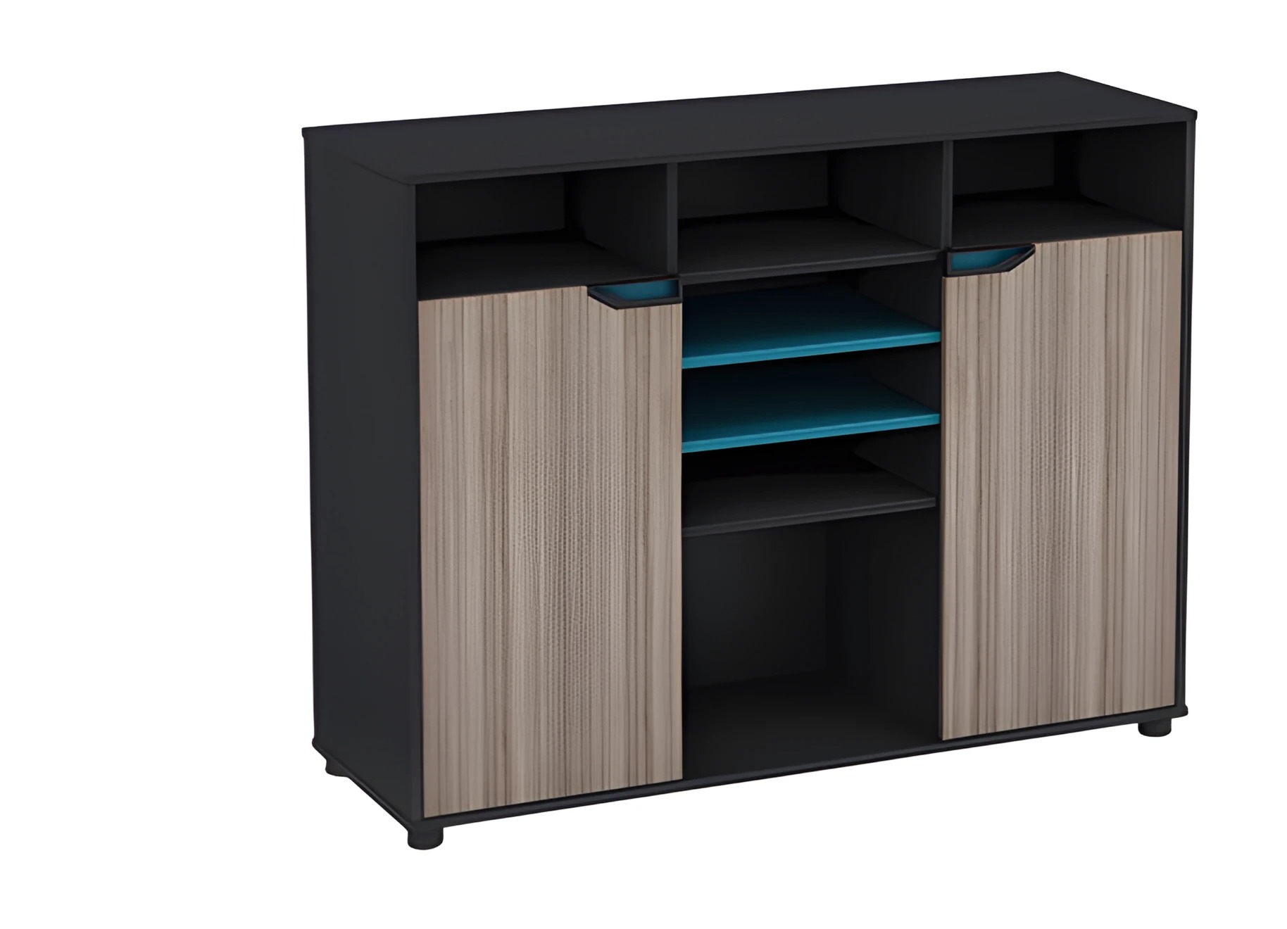 Sideboard wood look black brown modern design with doors shelf inserts blue
