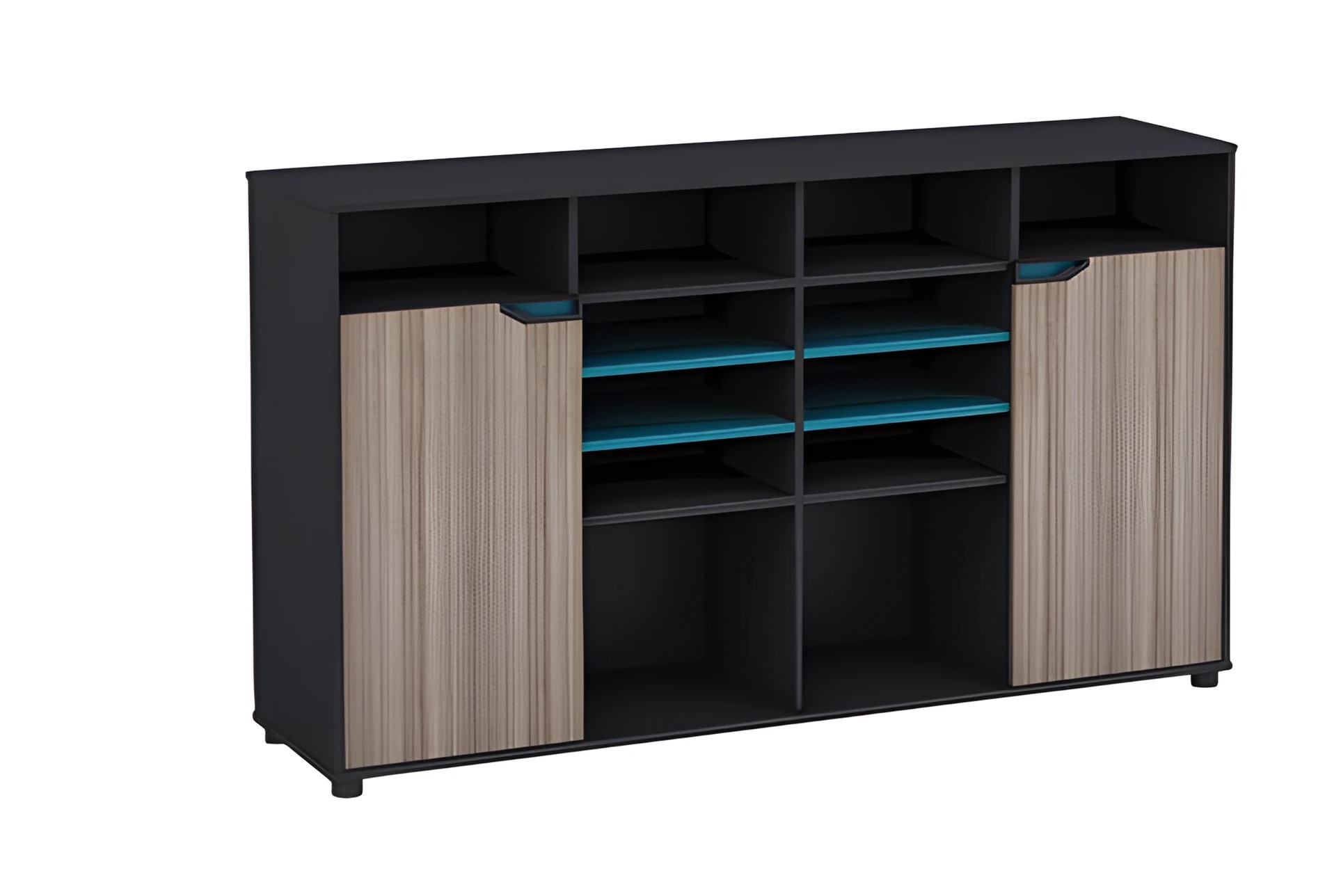 Sideboard large wood look brown black modern shelves doors compartments turquoise