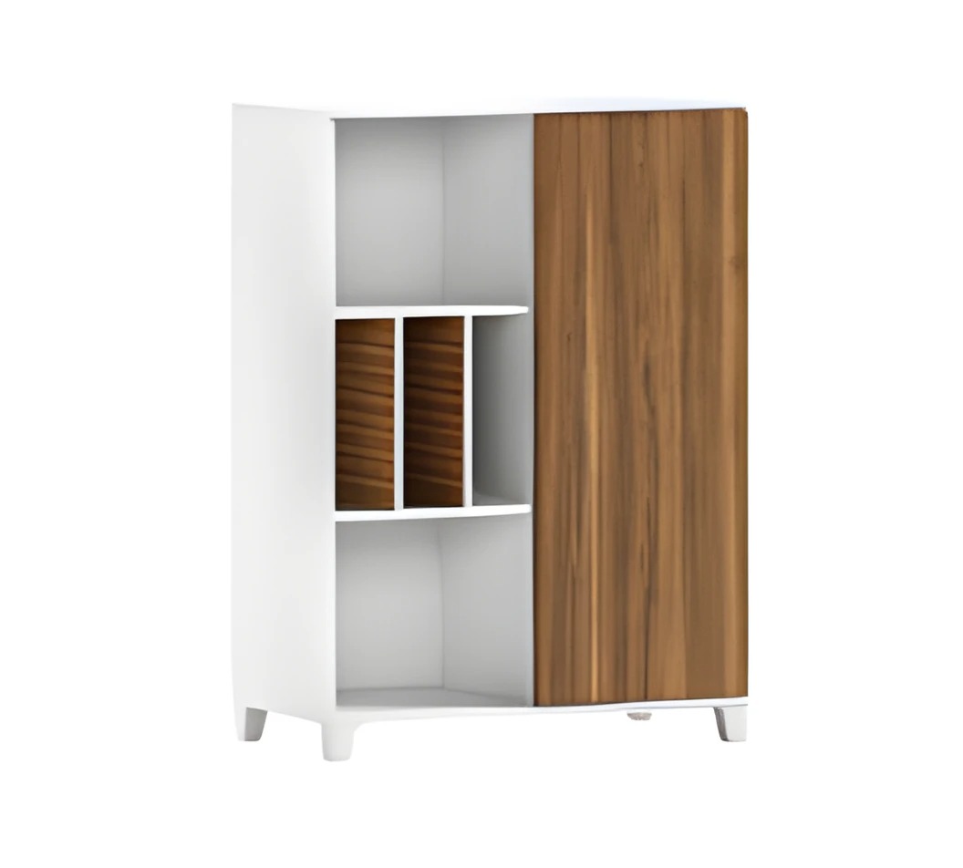 Modern storage cabinet made of wood and white with open compartments and doors elegant