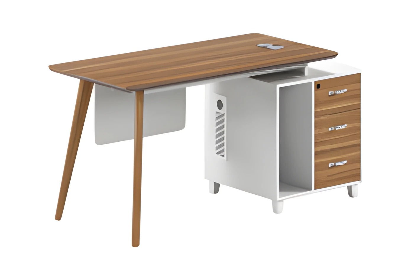 Modern desk made of wood and white with storage and elegant wooden legs