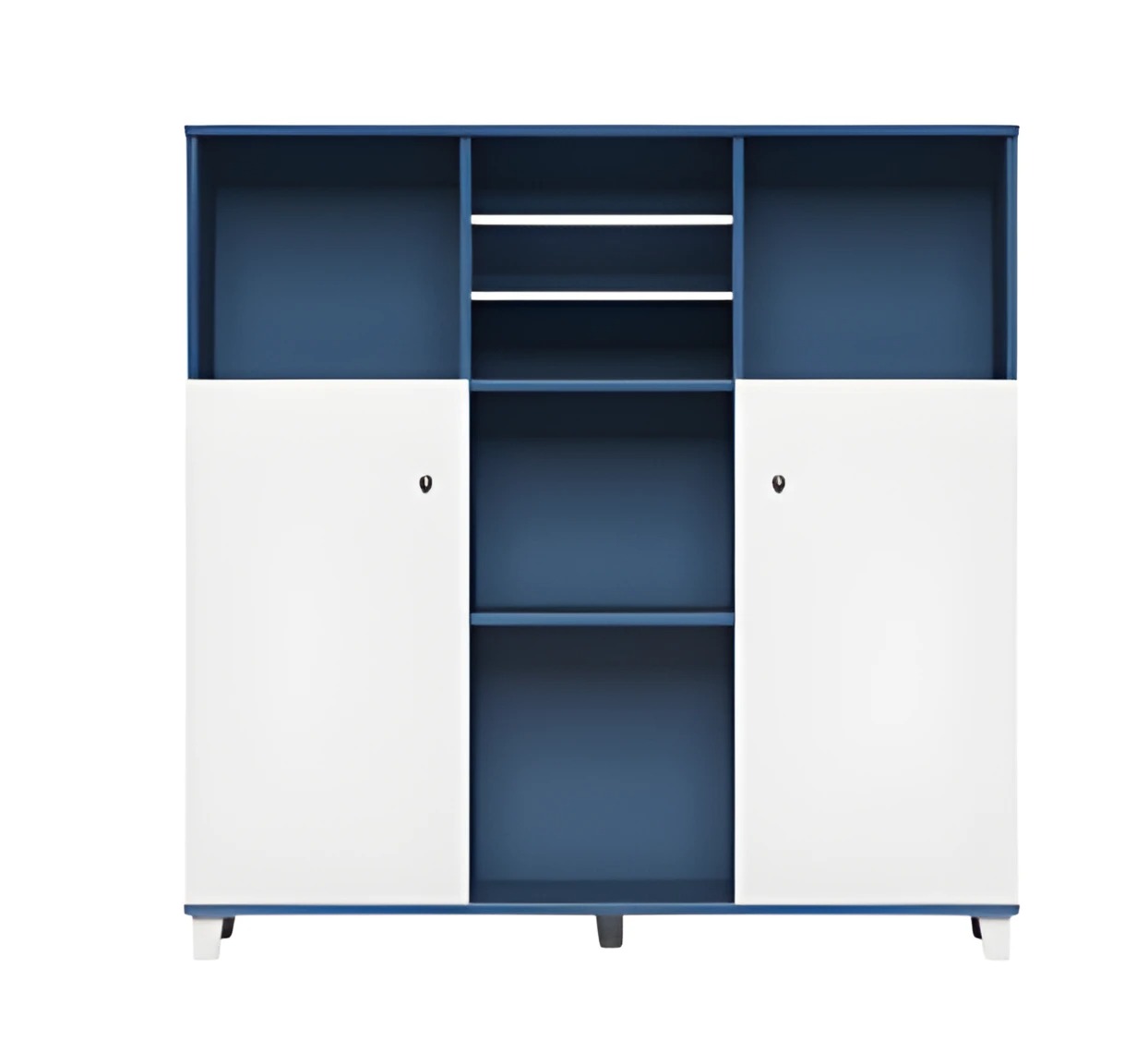 Modern office cabinet in blue and white with open shelves lockable doors