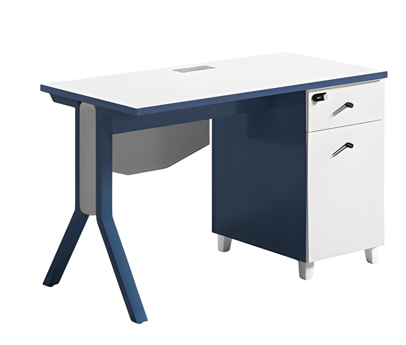 Desk in blue and white with modern legs storage elegant surface